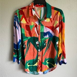 Calia Multi Print Lightweight Button Down Blouse Womens XS Vacation Coastal